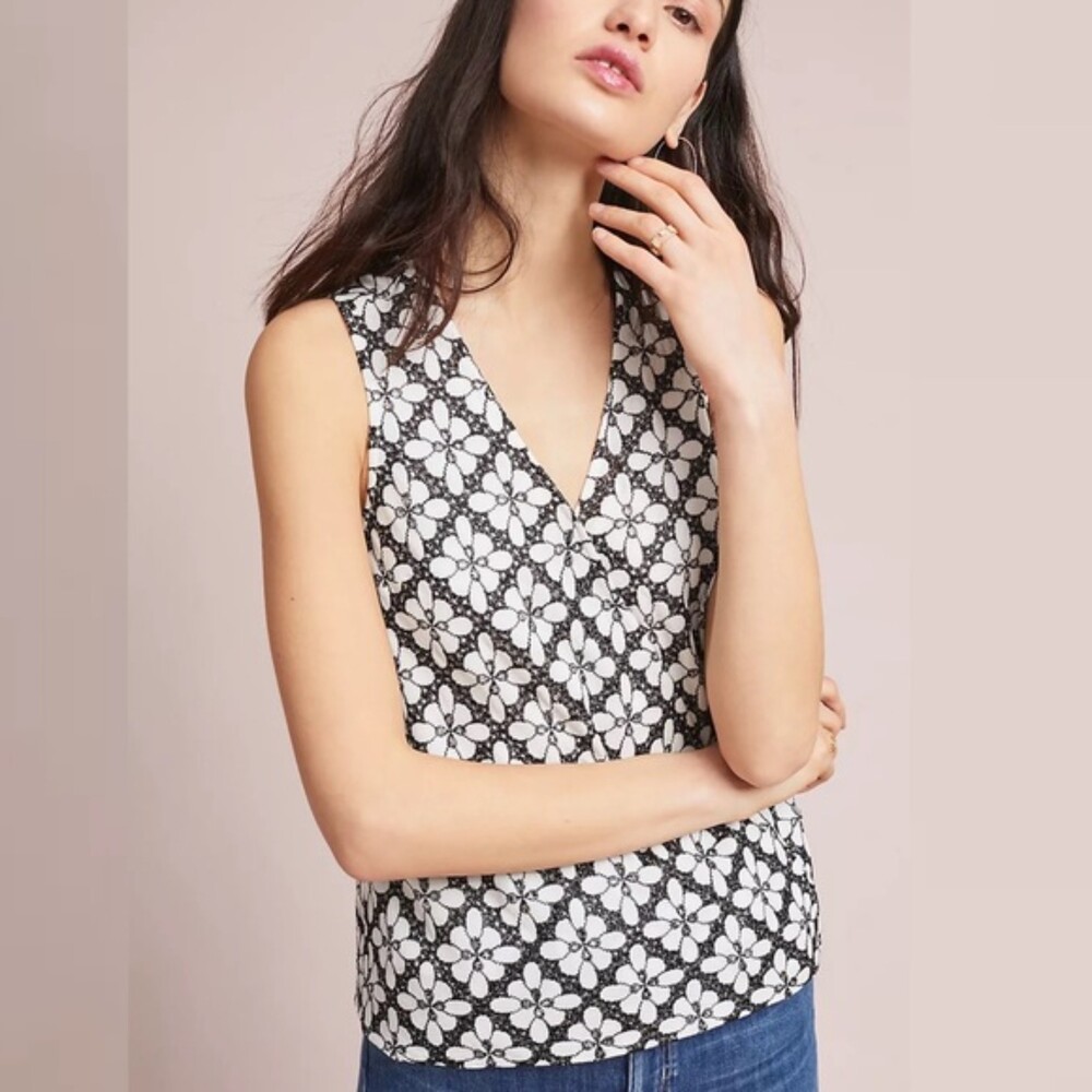 Anthropologie Maeve Coralie Wrap Eyelet Sleeveless Lace Top, Black/White, Sz 12